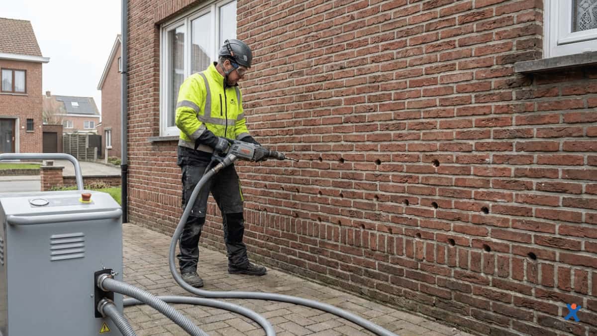 Isolatiespecialist boort gaten in een bakstenen gevel ter voorbereiding op spouwmuurisolatie.