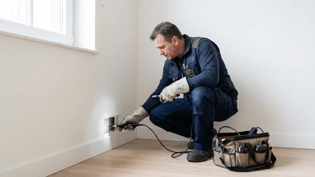 Professionele ongediertebestrijder in blauwe werkkleding gebruikt een inspectiecamera om een ventilatierooster in de muur te controleren op muizenactiviteit, met gereedschapstas naast zich.