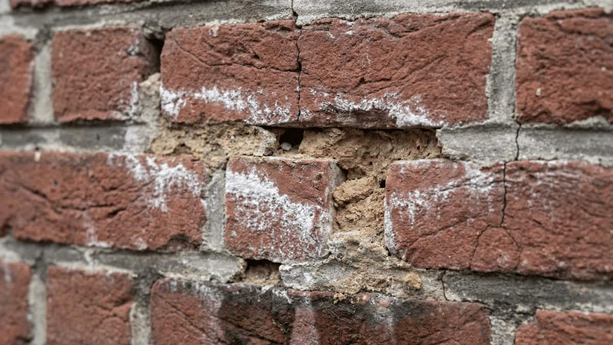 Close-up van een beschadigde bakstenen gevel met ernstig afbrokkelend voegwerk, ontbrekende mortel tussen de stenen, witte zoutuitslag op het baksteenoppervlak en zichtbare scheuren. Deze gevel heeft herstel nodig vóór spouwmuurisolatie mogelijk is.