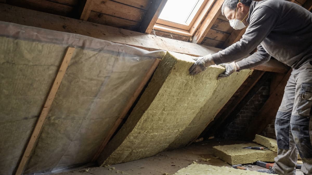 Vakman met mondmasker plaatst een steenwolplaat tegen het hellende dakgebinte op een zolder, met een dampscherm en eerder geplaatste platen zichtbaar tussen de houten kepers.