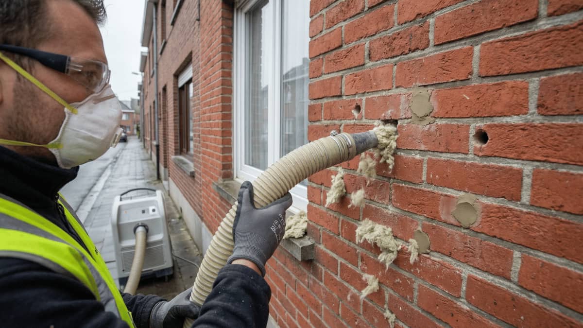 Isolatiespecialist met stofmasker en veiligheidsbril blaast lichtgele glaswolvlokken via een flexibele slang in geboorde gaten in een rode bakstenen gevel van een Belgische rijwoning, met inblaasinstallatie zichtbaar in de zijstraat op de achtergrond.