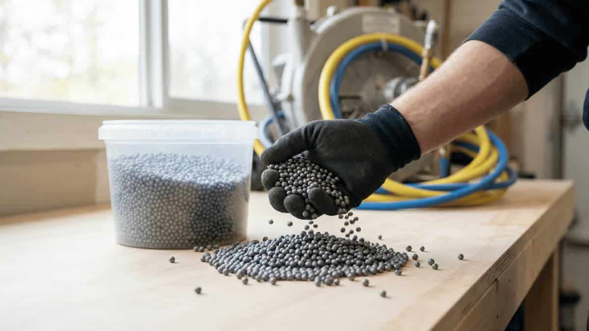 Gehandschoende hand laat grijze EPS-isolatieparels op een werkbank vallen naast een transparante container gevuld met dezelfde korrels, met op de achtergrond een inblaasmachine en slangen.