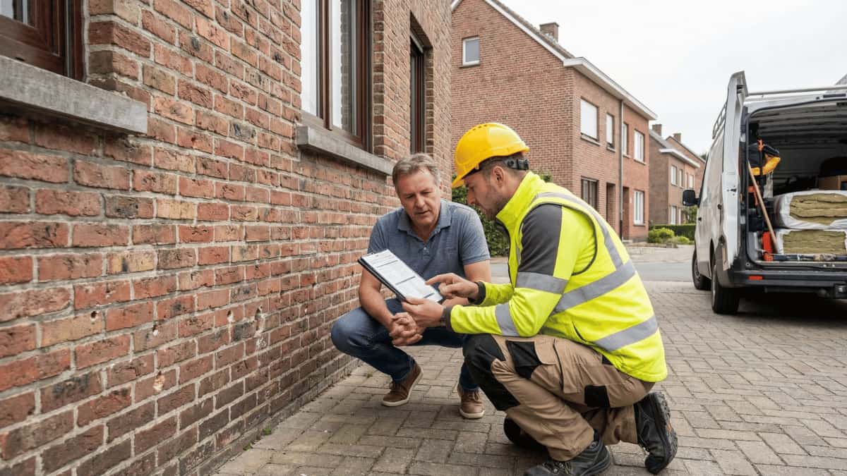 Isolatiespecialist in fluogele werkkleding bespreekt een offerte op een tablet met een huiseigenaar naast een bakstenen gevel. Op de achtergrond staat een werkbus met isolatiemateriaal in een Vlaamse woonstraat.