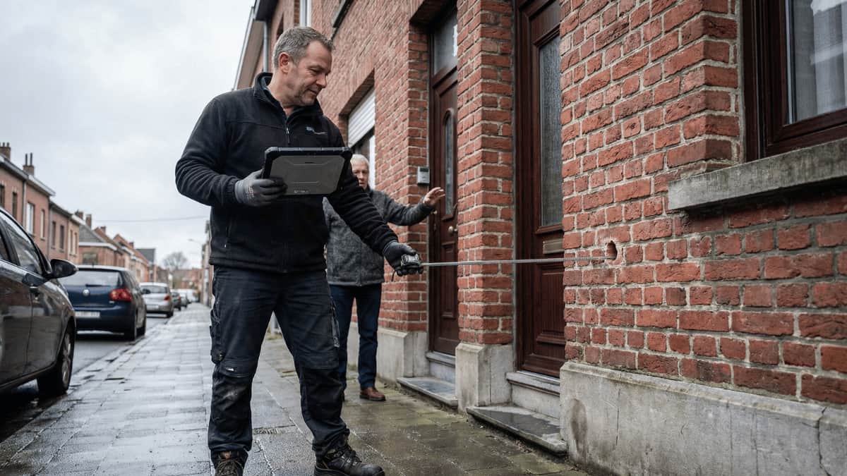 Een isolatietechnicus met tablet houdt een meetlint tegen de bakstenen gevel van een Vlaamse rijwoning terwijl de bewoner toekijkt op een bewolkte dag.