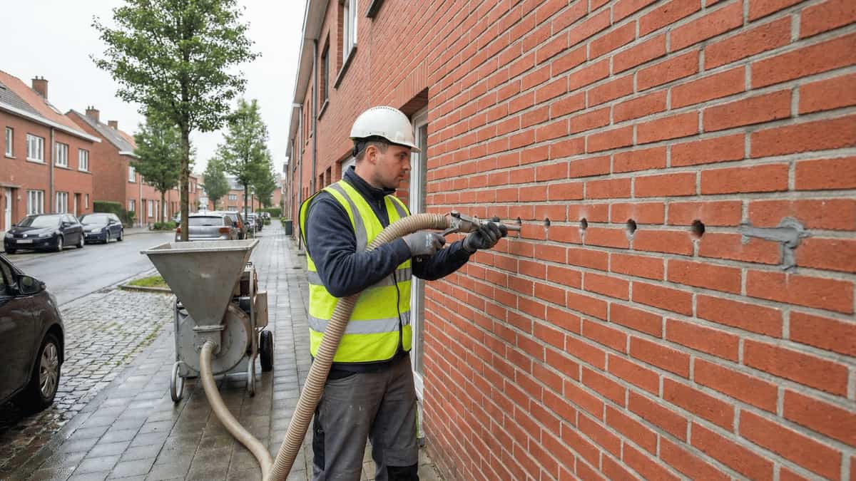 Isolatietechnicus met veiligheidshelm en fluovestje blaast via een injectieslang EPS-parels in de boorgaten van een rode bakstenen gevel, met een inblaasmachine op de stoep in een Vlaamse woonstraat.