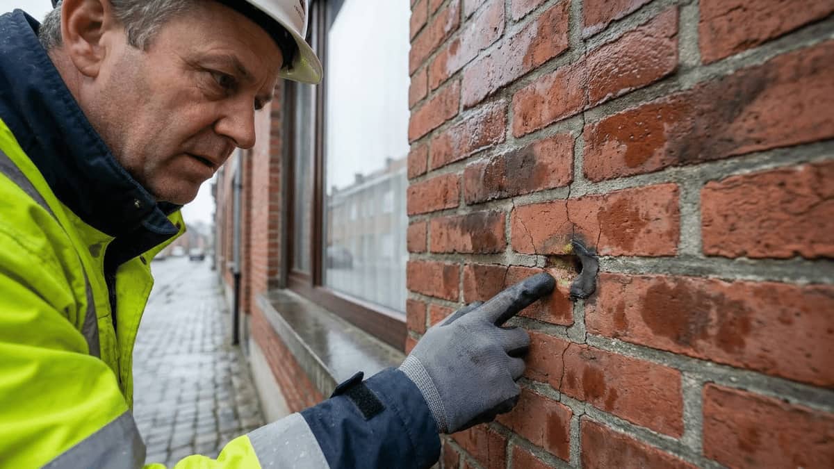 Isolatiespecialist met helm en veiligheidsvestje wijst naar een beschadigde voeg en losse baksteen in een rode bakstenen gevel, op een bewolkte dag in een Belgische straat met rijwoningen op de achtergrond.