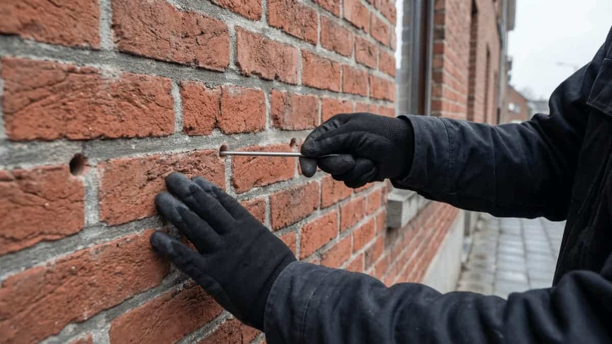 Vakman met zwarte handschoenen steekt een metalen meetpen in een boorgat in een rode bakstenen gevel om de breedte van de spouw te controleren.