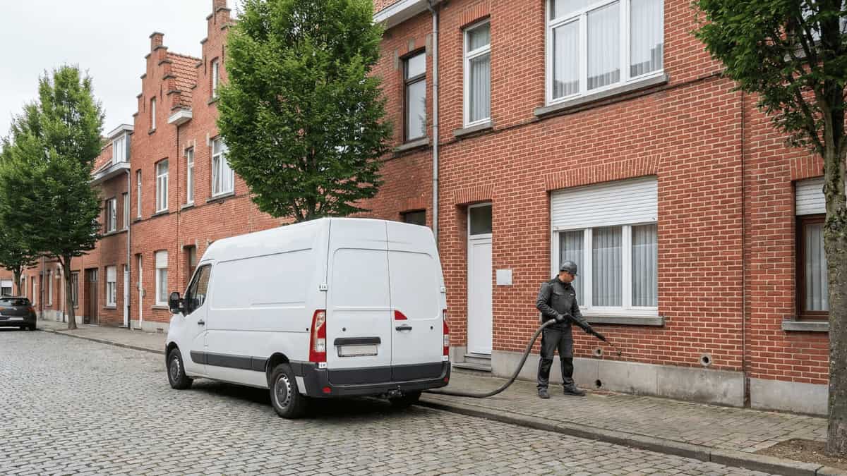 Een isolatiespecialist in donkere werkkleding houdt een injectieslang vast bij de gevel van een rode bakstenen rijwoning terwijl een witte bestelwagen op de kasseien geparkeerd staat in een typisch Belgische woonstraat.