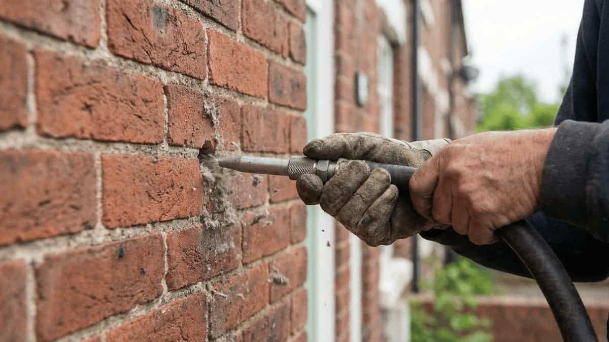 Handen van een vakman met werkhandschoenen die een injectienozzle in een geboord gat in een rode bakstenen gevel duwen om isolatiemateriaal in de spouw te blazen.