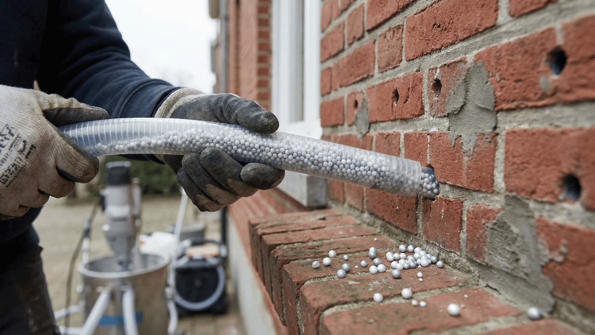 Vakman injecteert EPS-isolatieparels via een transparante slang in een boorgat van een bakstenen gevel voor spouwmuurisolatie. Op de vensterbank liggen enkele isolatieparels en op de achtergrond staat een inblaasmachine.