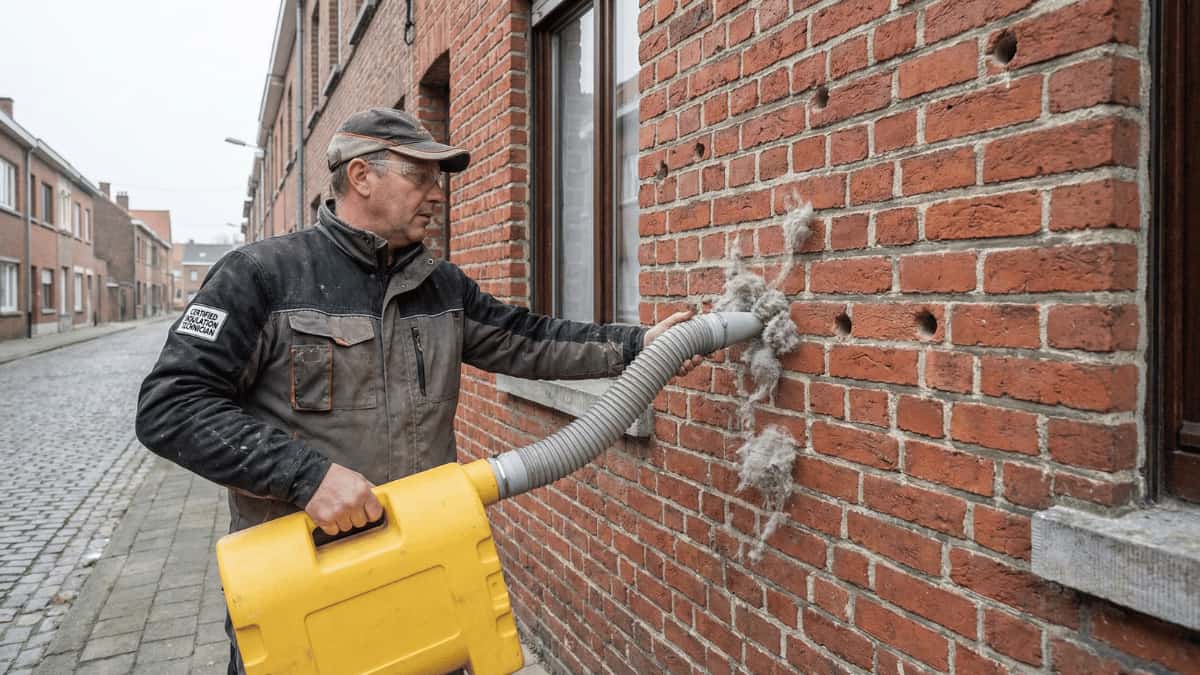 Isolatietechnicus blaast met een gele inblaasmachine minerale wolvlokken in de spouwmuur van een rode bakstenen rijwoning, met zichtbare boorgaten en uitstekende vezels rond de injectiepunten in de gevel.