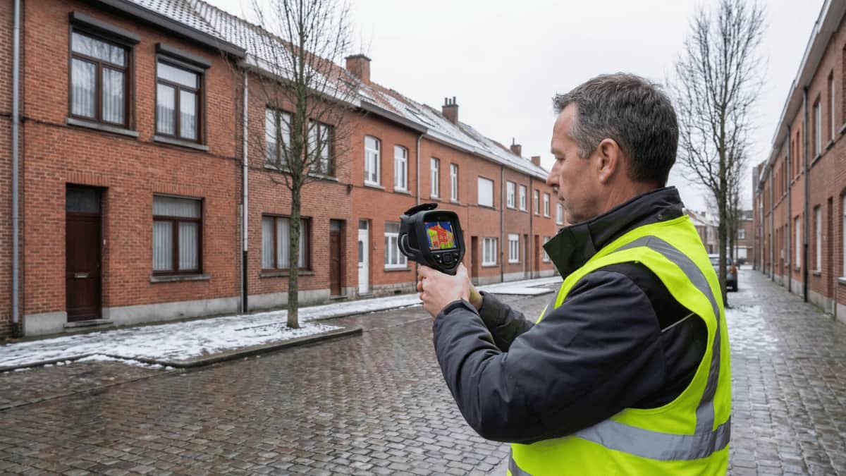 Specialist in veiligheidsvestje richt een thermografische camera op een rij rode bakstenen rijwoningen in een Belgische straat, met op het scherm van de camera kleurverschillen die warmteverlies via de gevel zichtbaar maken, op een koude winterdag met sneeuwresten op de kasseien.
